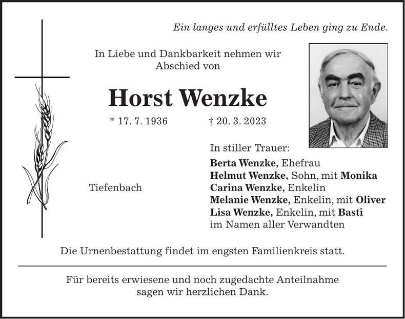 Traueranzeige Horst Wenzke