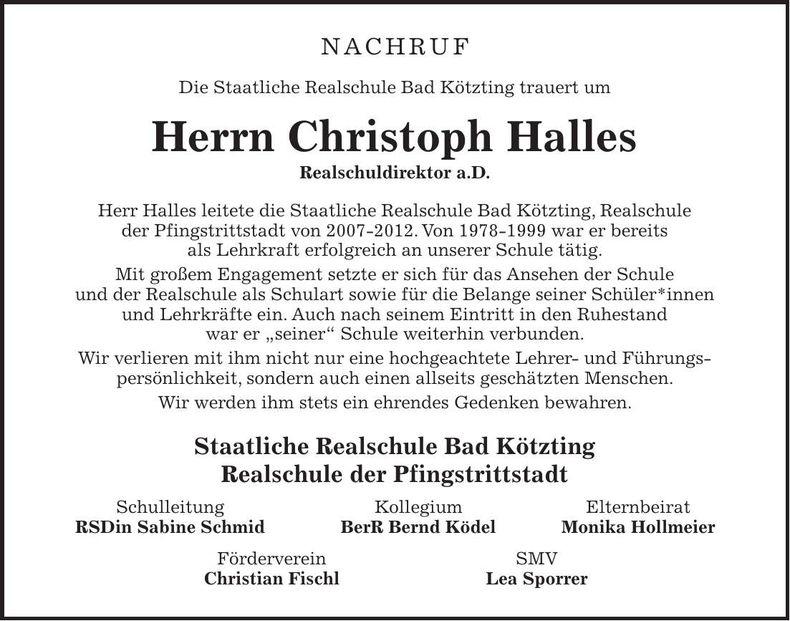 Traueranzeige Christoph Halles