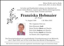 Traueranzeige Franziska Hobmaier