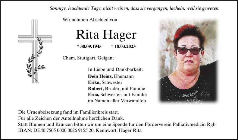 Traueranzeige Rita Hager