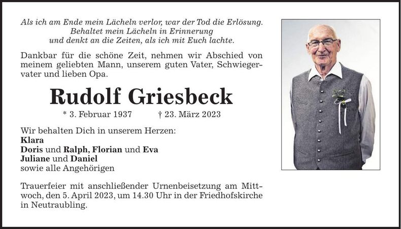Traueranzeige Rudolf Griesbeck