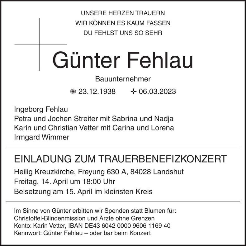 Traueranzeige Günter Fehlau