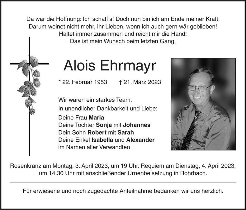Traueranzeige Alois Ehrmayr