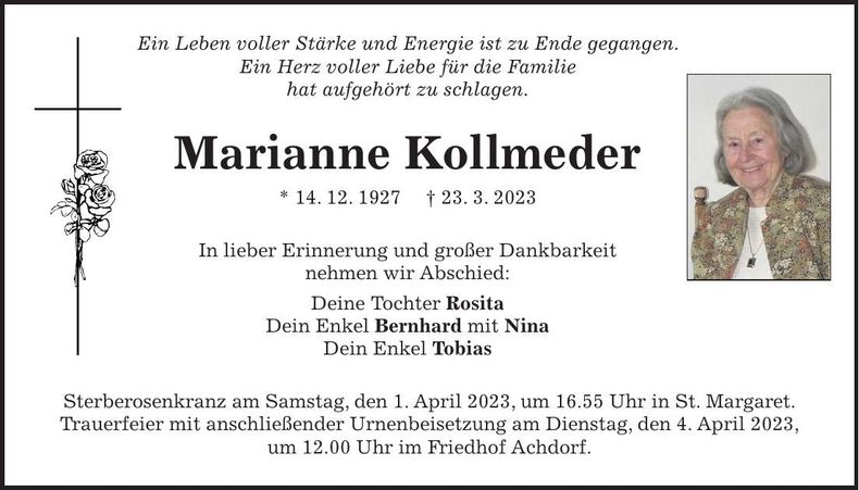 Traueranzeige Marianne Kollmeder