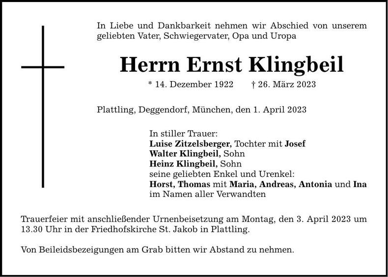 Traueranzeige Ernst Klingbeil