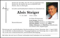 Traueranzeige Alois Steiger