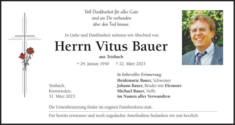 Traueranzeige Vitus Bauer