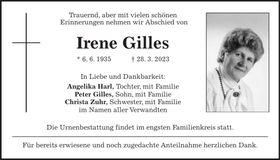 Traueranzeige Irene Gilles