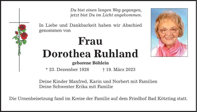 Traueranzeige Dorothea Ruhland