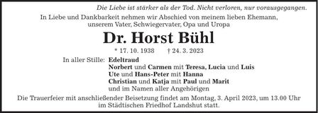 Traueranzeige Horst Dr. Bühl