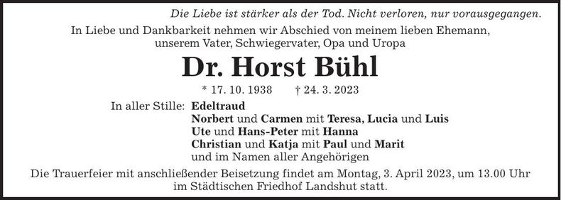 Traueranzeige Horst Dr. Bühl