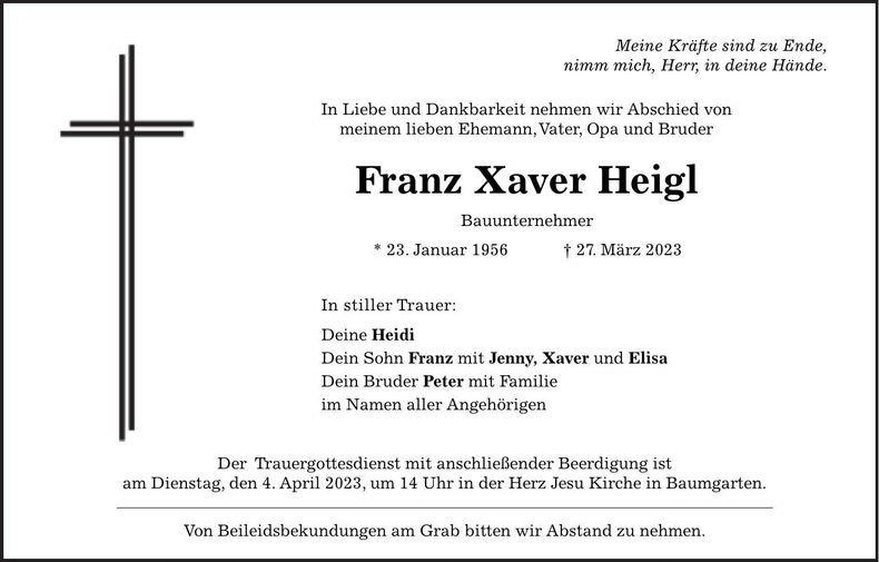 Traueranzeige Franz Heigl