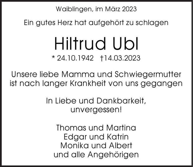Traueranzeige Hiltrud Ubl