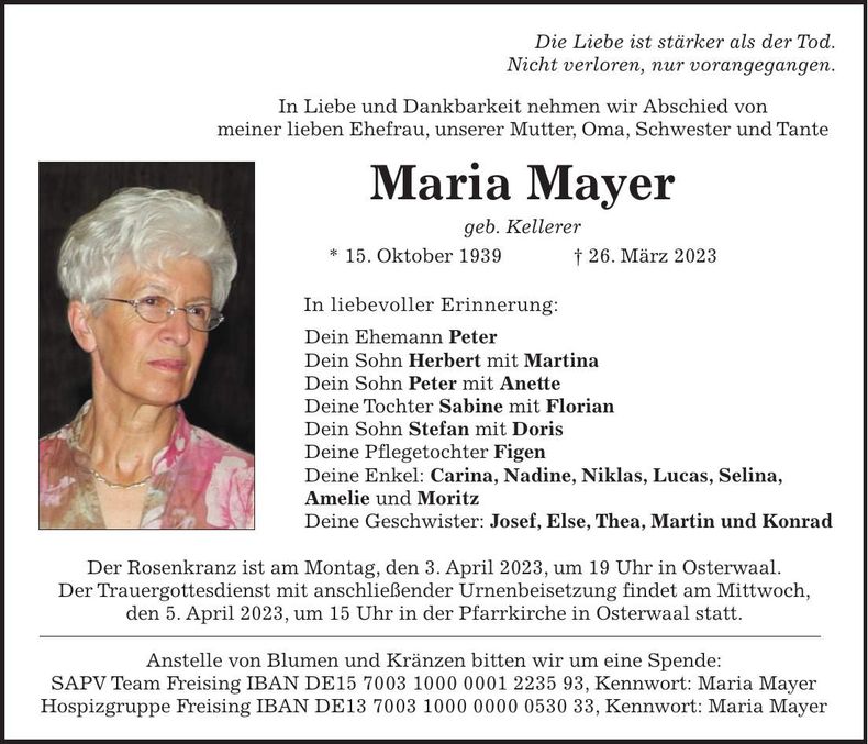 Traueranzeige Maria Mayer