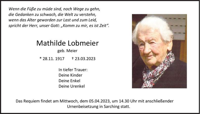 Traueranzeige Mathilde Lobmeier