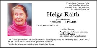 Traueranzeige Helga Raith