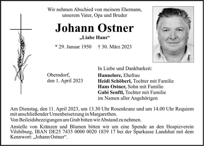 Traueranzeige Johann Ostner