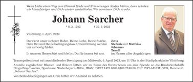 Traueranzeige Johann Sarcher