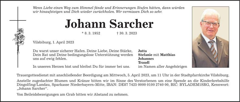 Traueranzeige Johann Sarcher