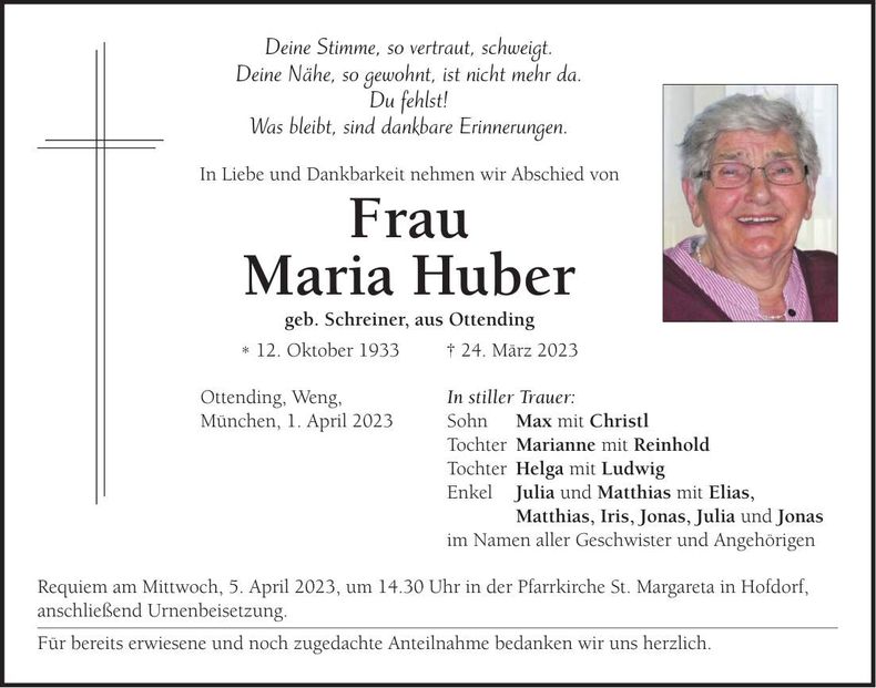 Traueranzeige Maria Huber