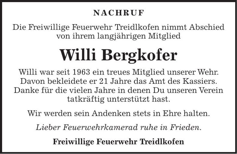 Traueranzeige Willi Bergkofer