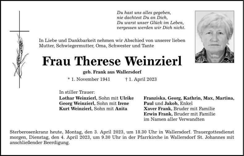 Traueranzeige Therese Weinzierl