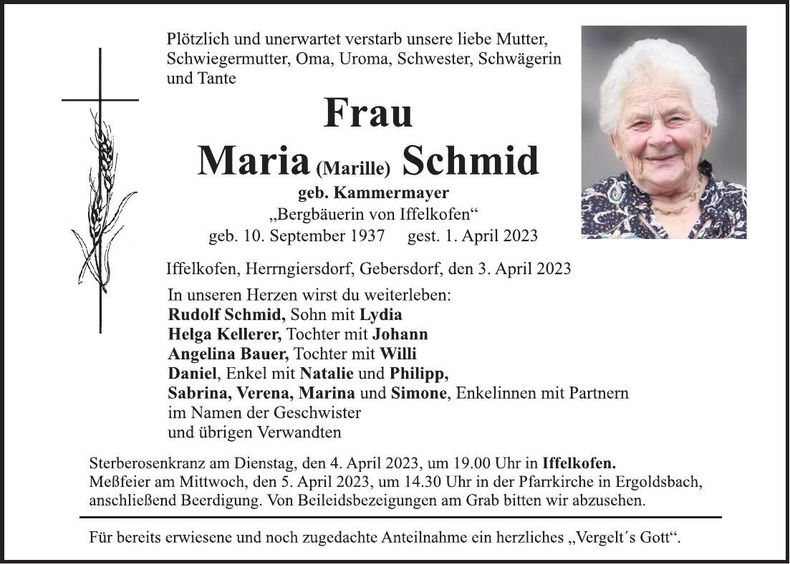 Traueranzeige Maria Schmid