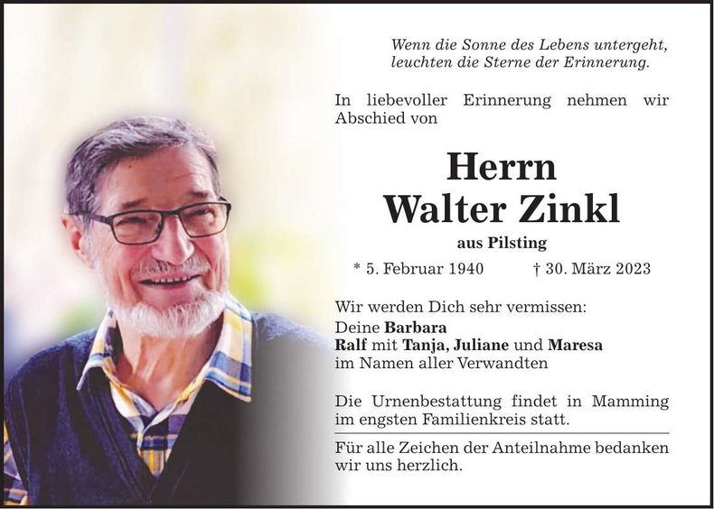 Traueranzeige Walter Zinkl