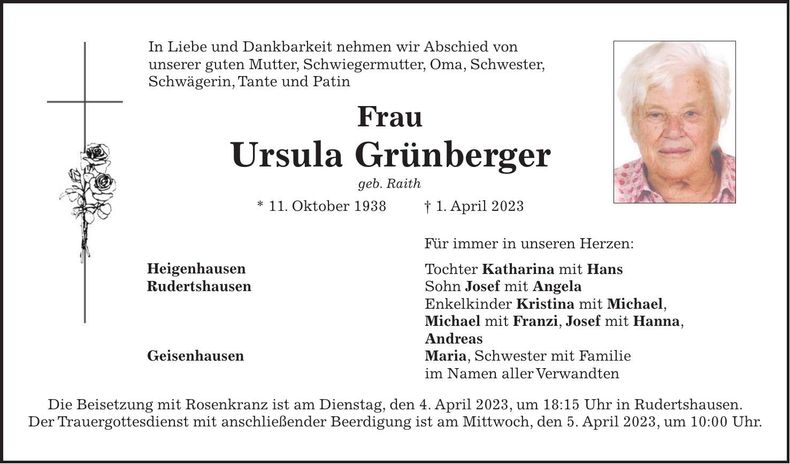 Traueranzeige Ursula Grünberger