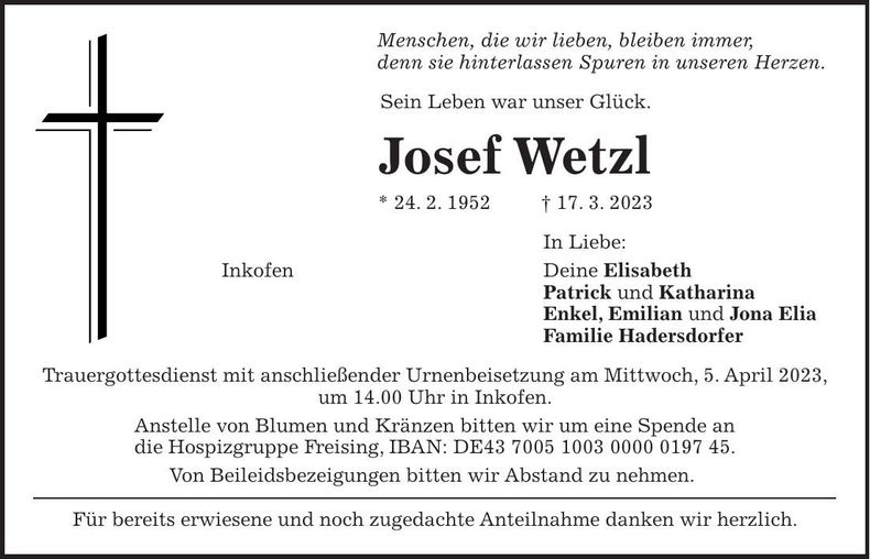 Traueranzeige Josef Wetzl