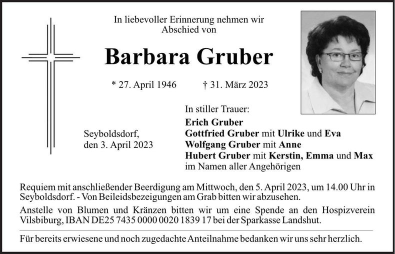Traueranzeige Barbara Gruber