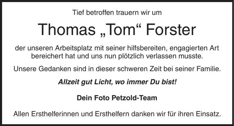 Traueranzeige Thomas Forster