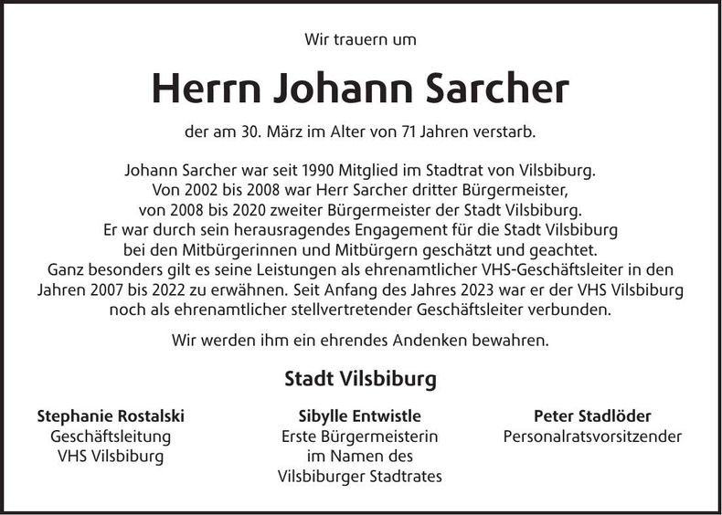 Traueranzeige Johann Sarcher