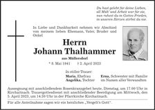 Traueranzeige Johann Thalhammer