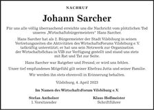 Traueranzeige Johann Sarcher