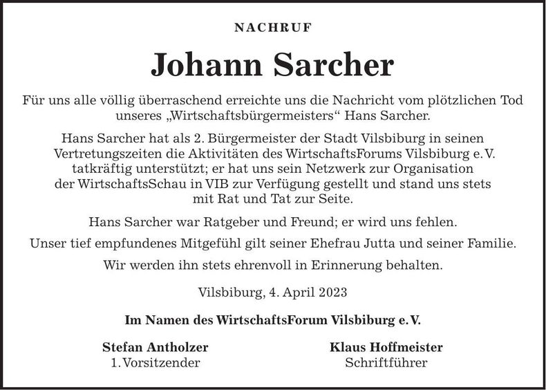 Traueranzeige Johann Sarcher