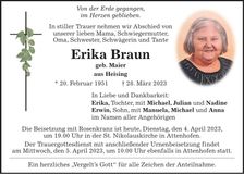 Traueranzeige Erika Bauer