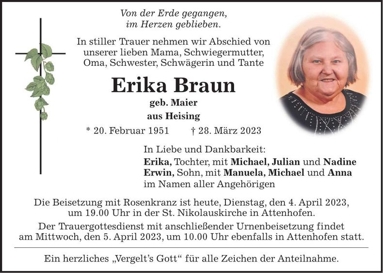 Traueranzeige Erika Bauer