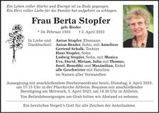 Traueranzeige Berta Stopfer