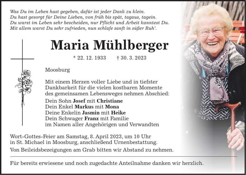 Traueranzeige Maria Mühlberger