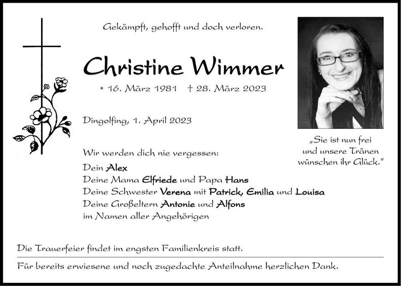 Traueranzeige Christine Wimmer