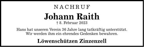 Traueranzeige Johann Raith