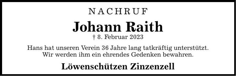Traueranzeige Johann Raith