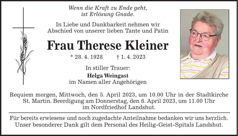 Traueranzeige Therese Kleiner