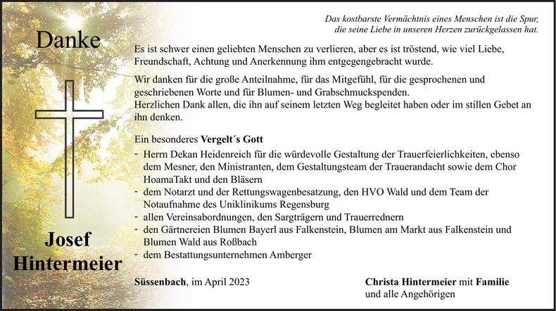 Traueranzeige Josef Hintermeier