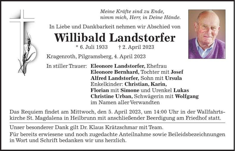 Traueranzeige Willibald Landstorfer
