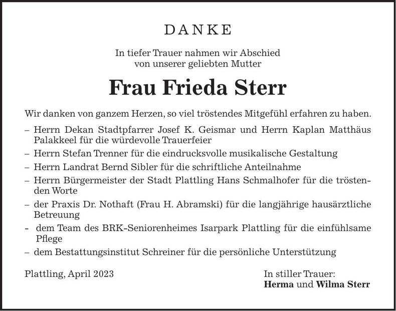Traueranzeige Frieda Sterr