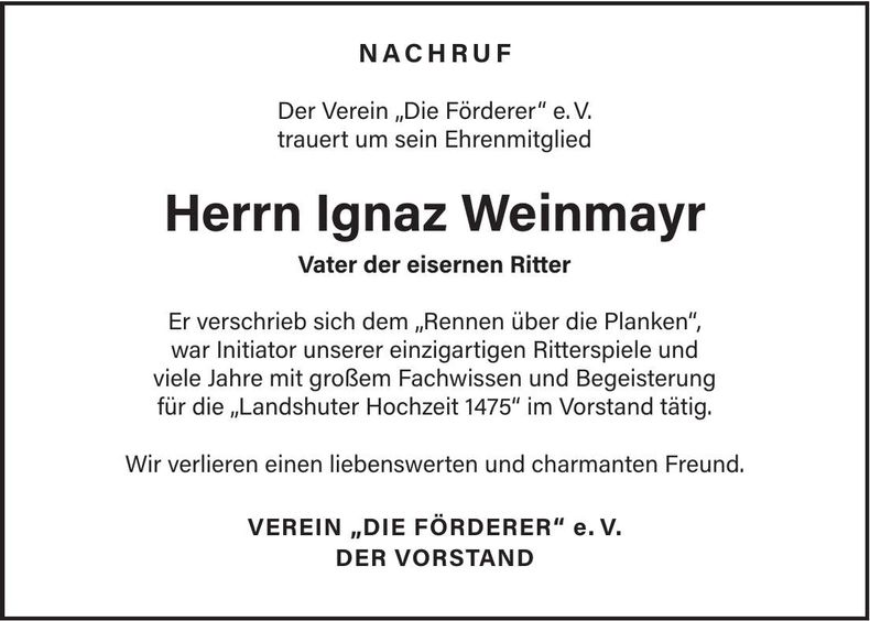 Traueranzeige Ignaz Weinmayr