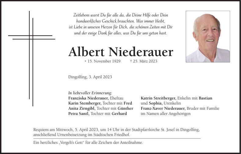 Traueranzeige Albert Niederauer