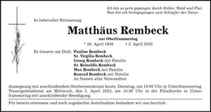 Traueranzeige Matthäus Rembeck